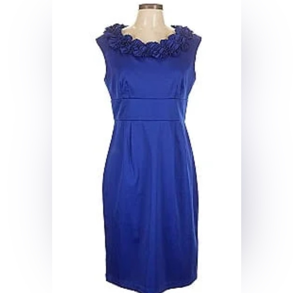 London Times Blue Ribbed Ruffled Midi Dress